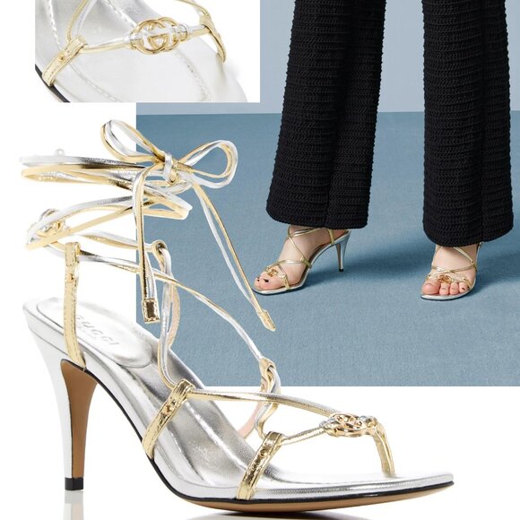 GUCCI SHOES INTERLOCKING G LOGO ANKLE TIE SILVER GOLD SANDALS sz 38.5 8.5 - Picture 1 of 13